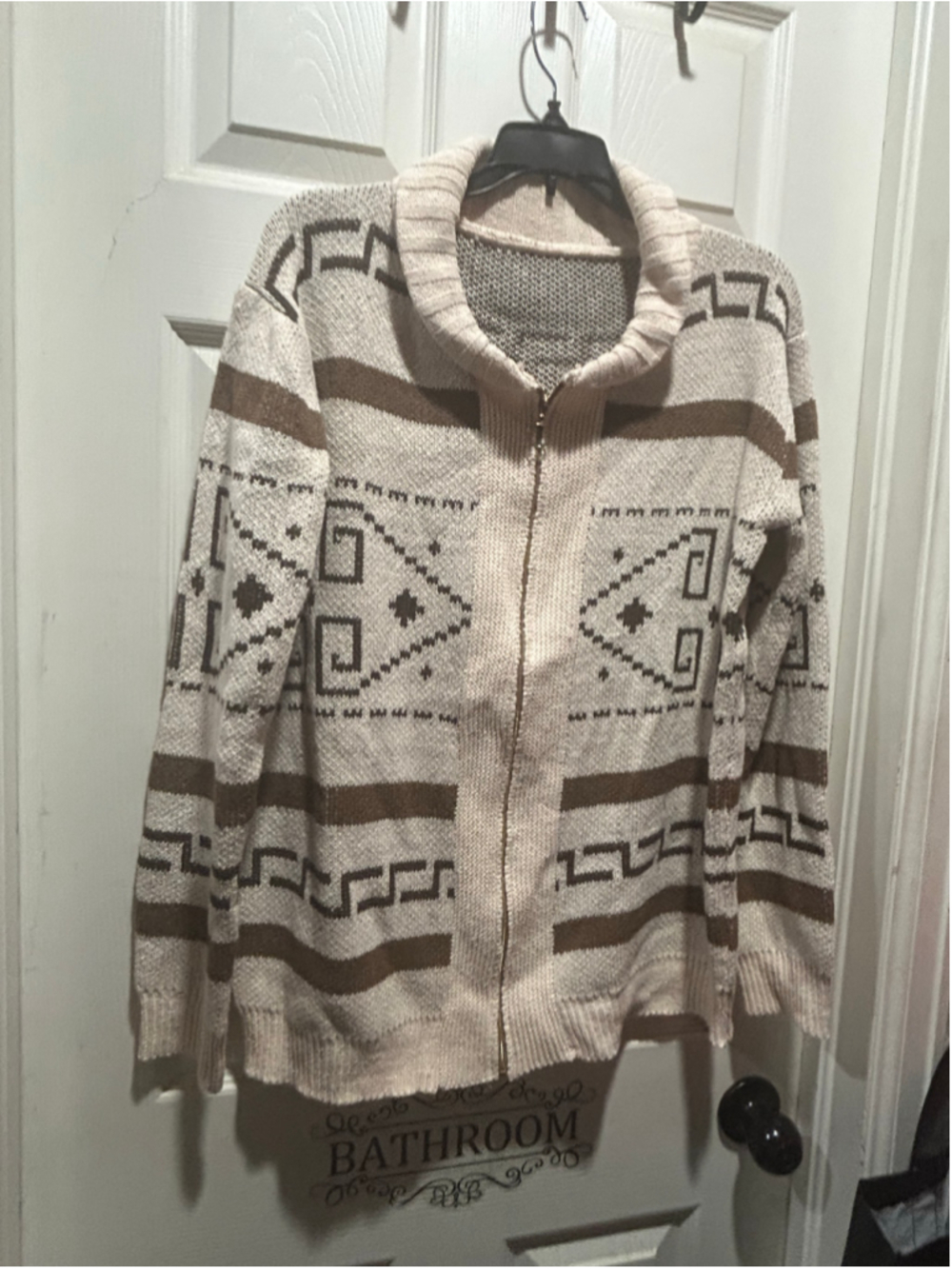 Unbranded Geometric Zip-Up Cardigan Sweater, Size L, Beige and Brown